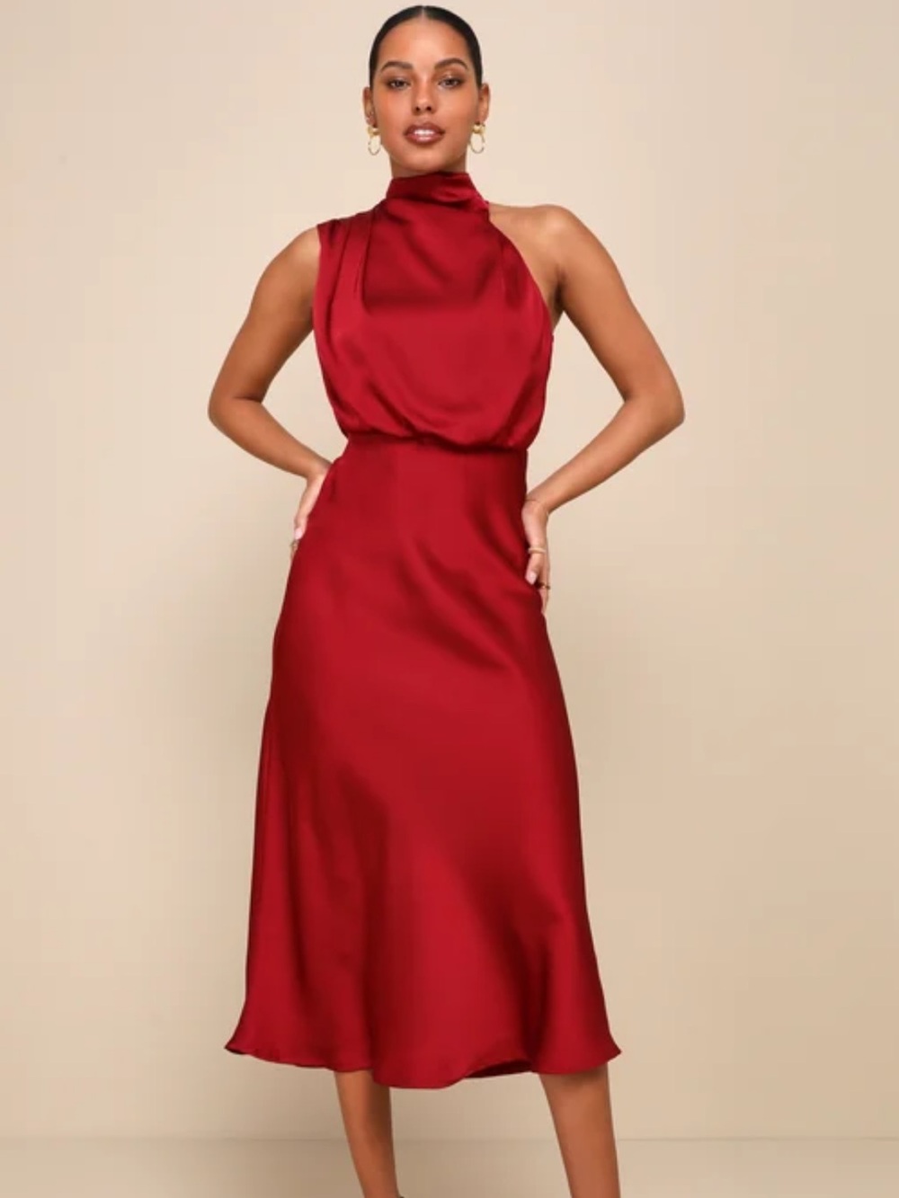 NWT LuLus Distinctive Charm Burgundy Satin Asymmetrical MIDI Dress XS